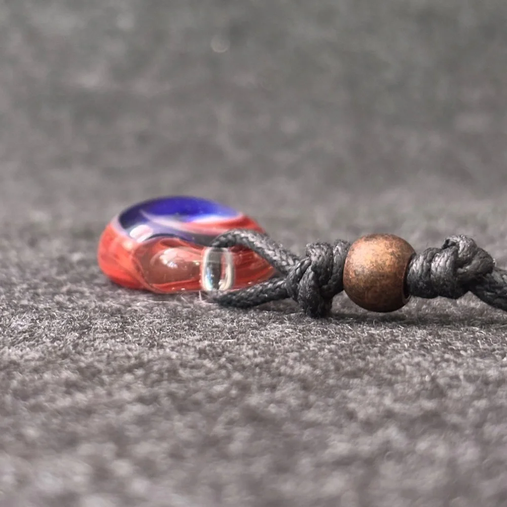 Red, White and Blue Marble Swirl Glass Pendant on Black Cord Keychain